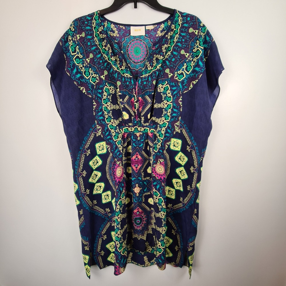 Maeve Anthropologie Silk Mandala Kaftan Dress M Navy Purple Boho Geometric FLAW